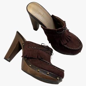 Vintage 90s Y2K Lei Studded Fringe Moccasin Mule Heel Clogs Women Size 9